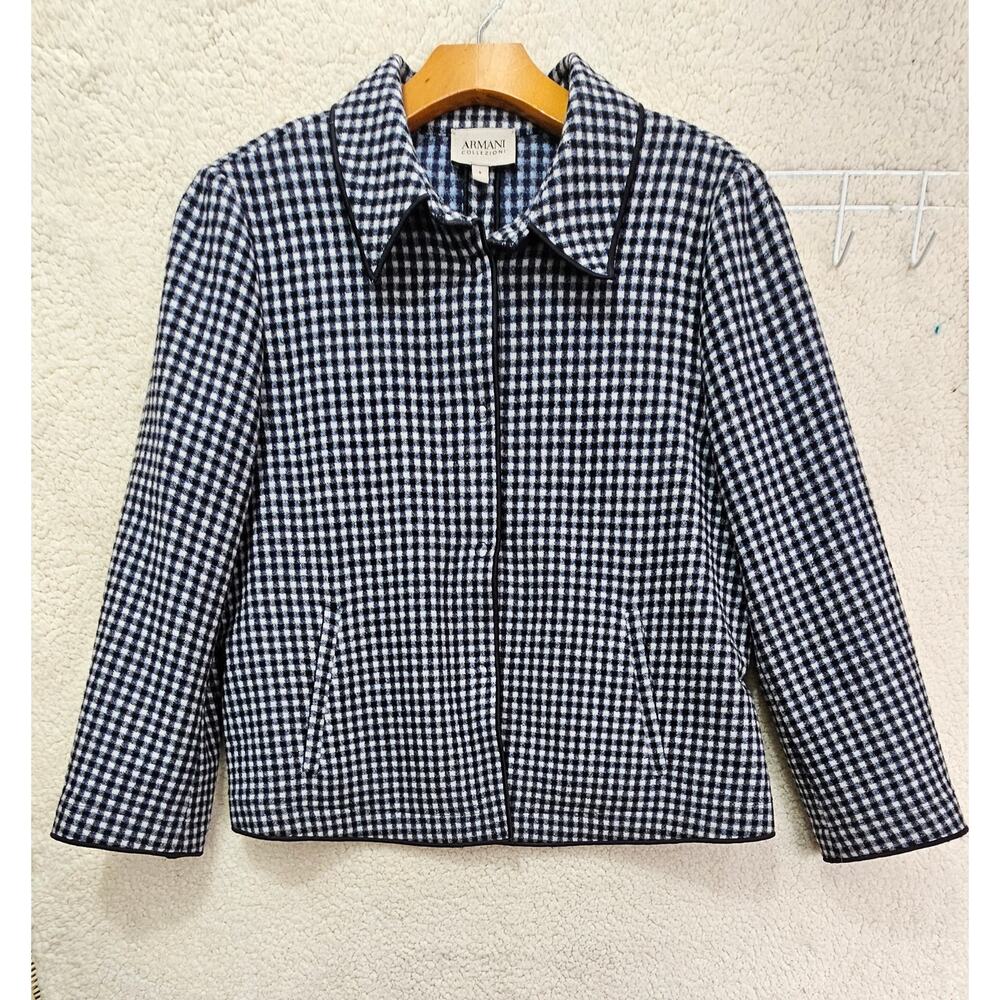 Armani Collezioni Blazer Jacket Black White Gingham Snaps Academia Preppy 8 EUC